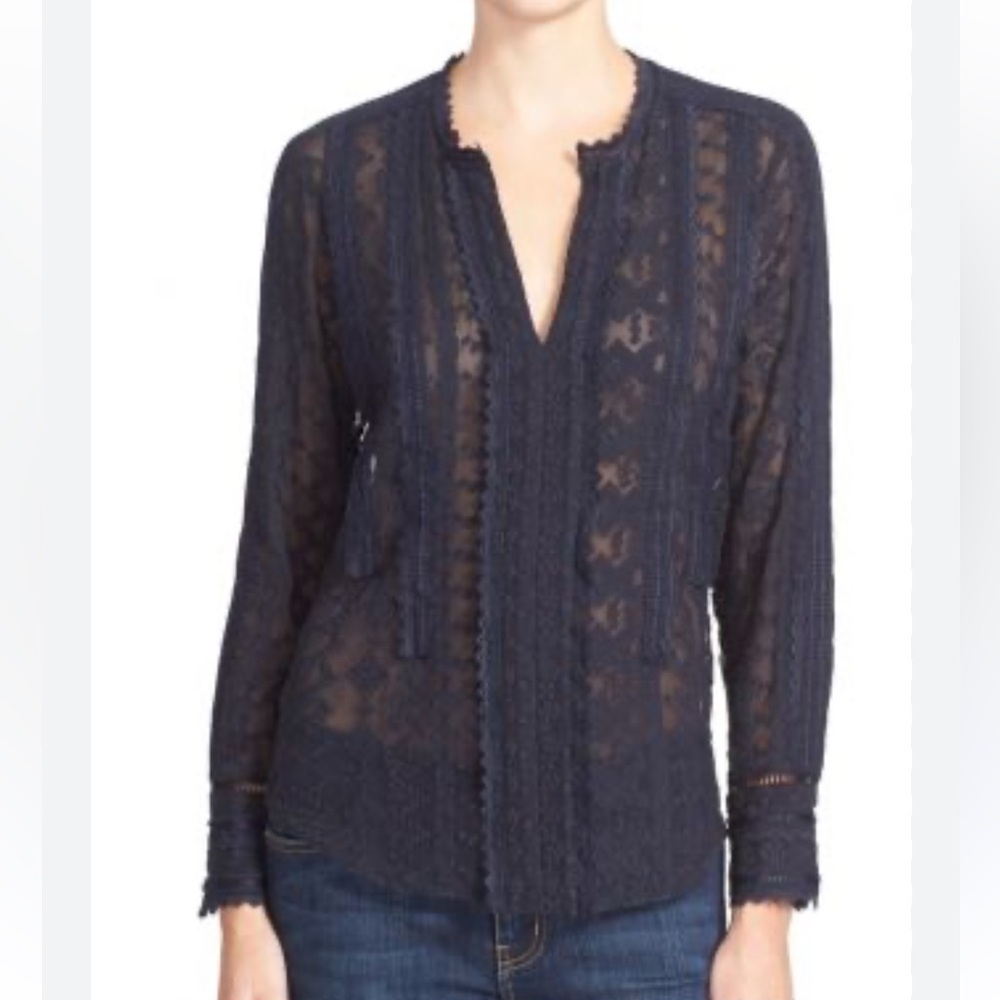 Rebecca Taylor embellished silk blouse navy blue lace chiffon 6 seen on tv
